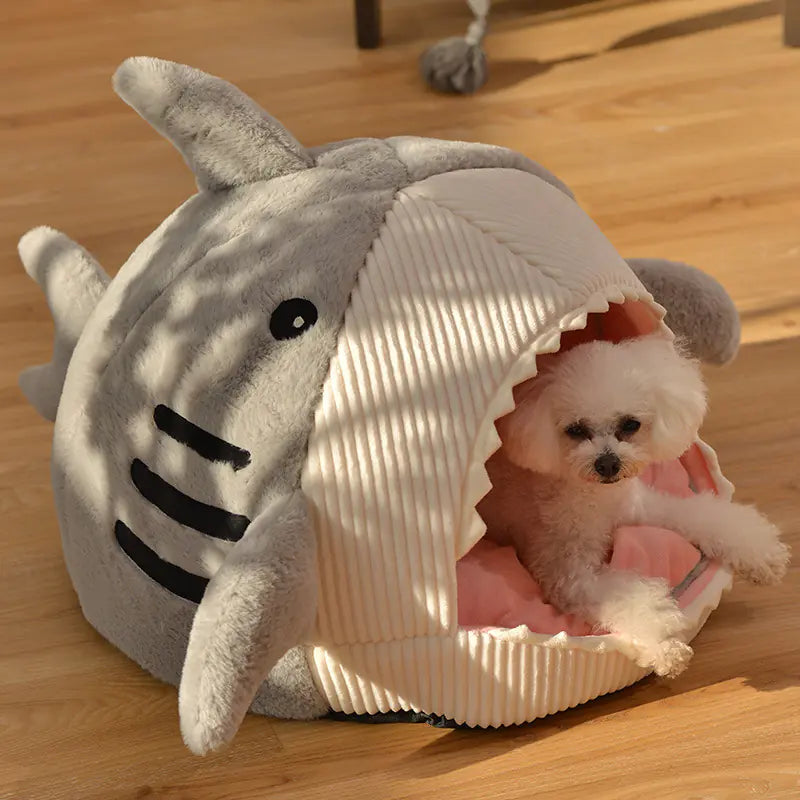 Cute Shark Pet Cave – Plush Enclosed Bed for Small Pets