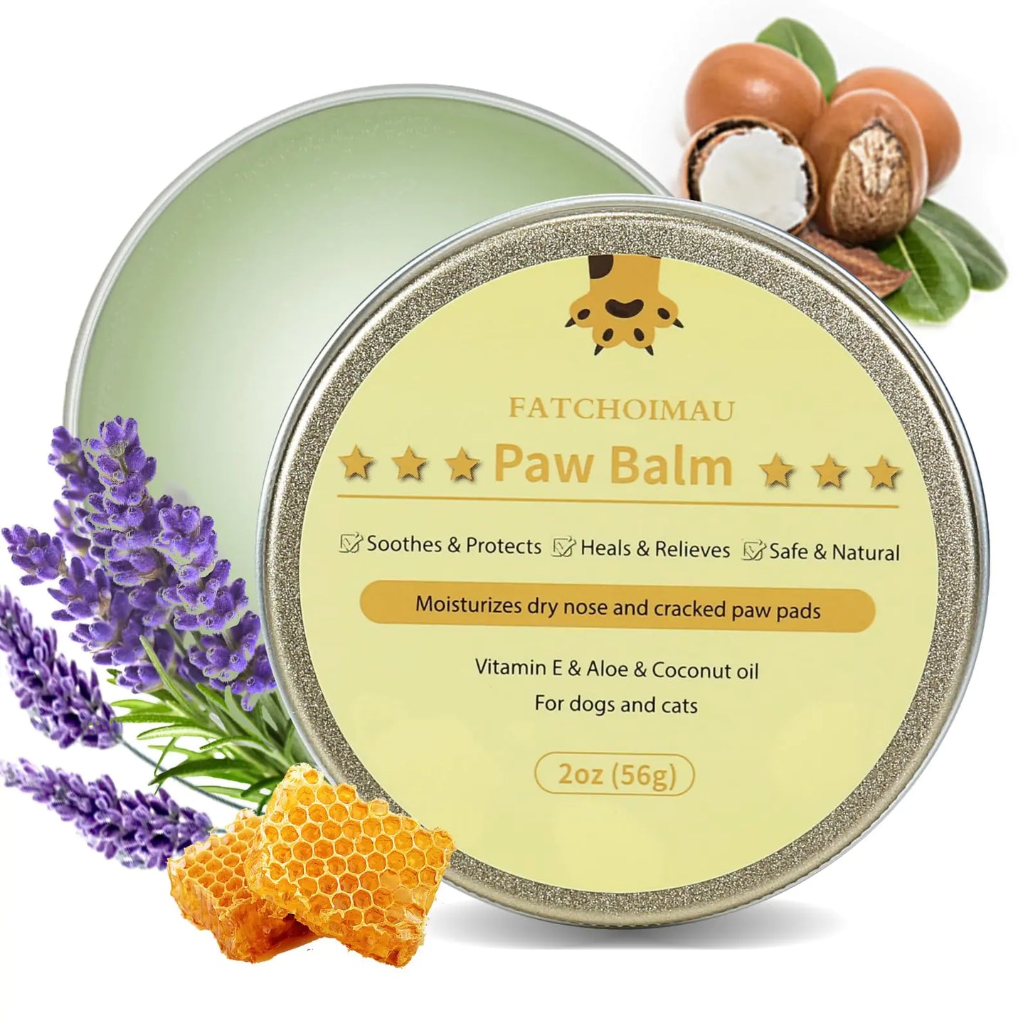 Fatchoimau Natural Dog Paw Balm for Dogs & Cats – Moisturizes Dry Nose & Cracked Paw Pads | Snout Soother & Paw Protector | Lick-Safe Balm 2oz (56g)