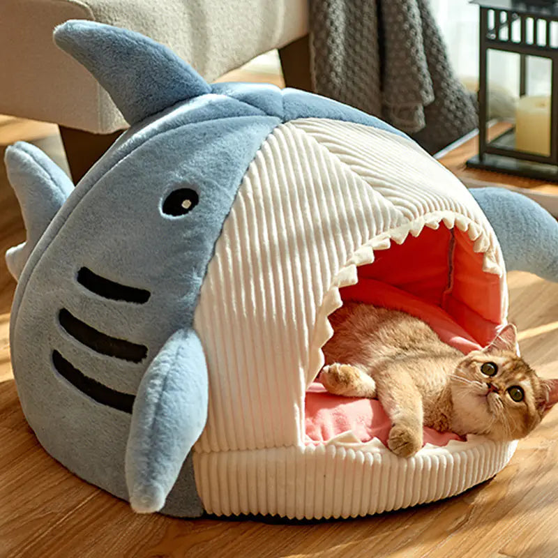 Cute Shark Pet Cave – Plush Enclosed Bed for Small Pets
