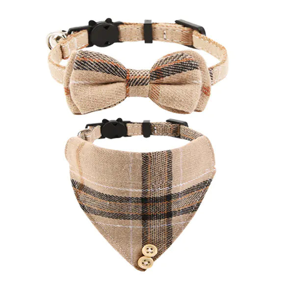 Plaid Bow Cat Collar with Bell for British Cats