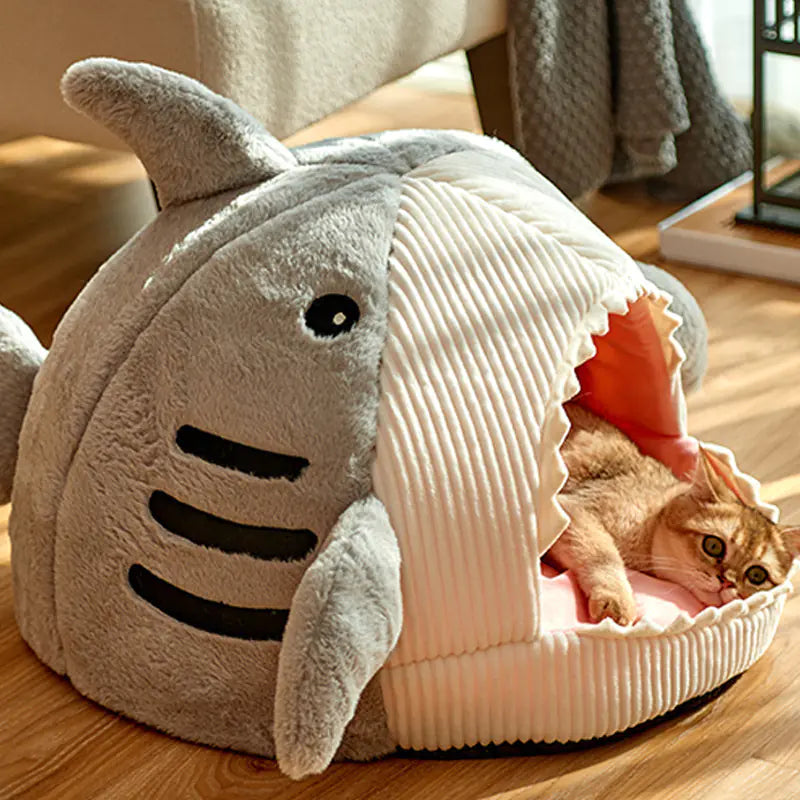 Cute Shark Pet Cave – Plush Enclosed Bed for Small Pets