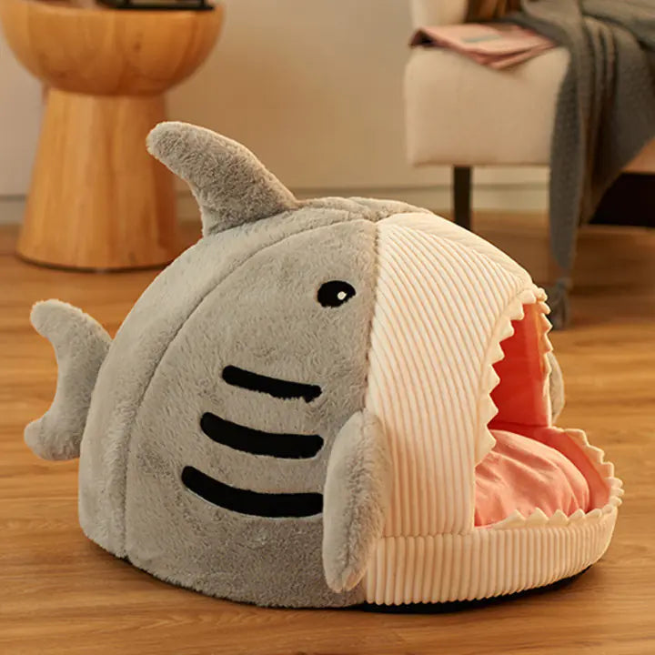 Cute Shark Pet Cave – Plush Enclosed Bed for Small Pets
